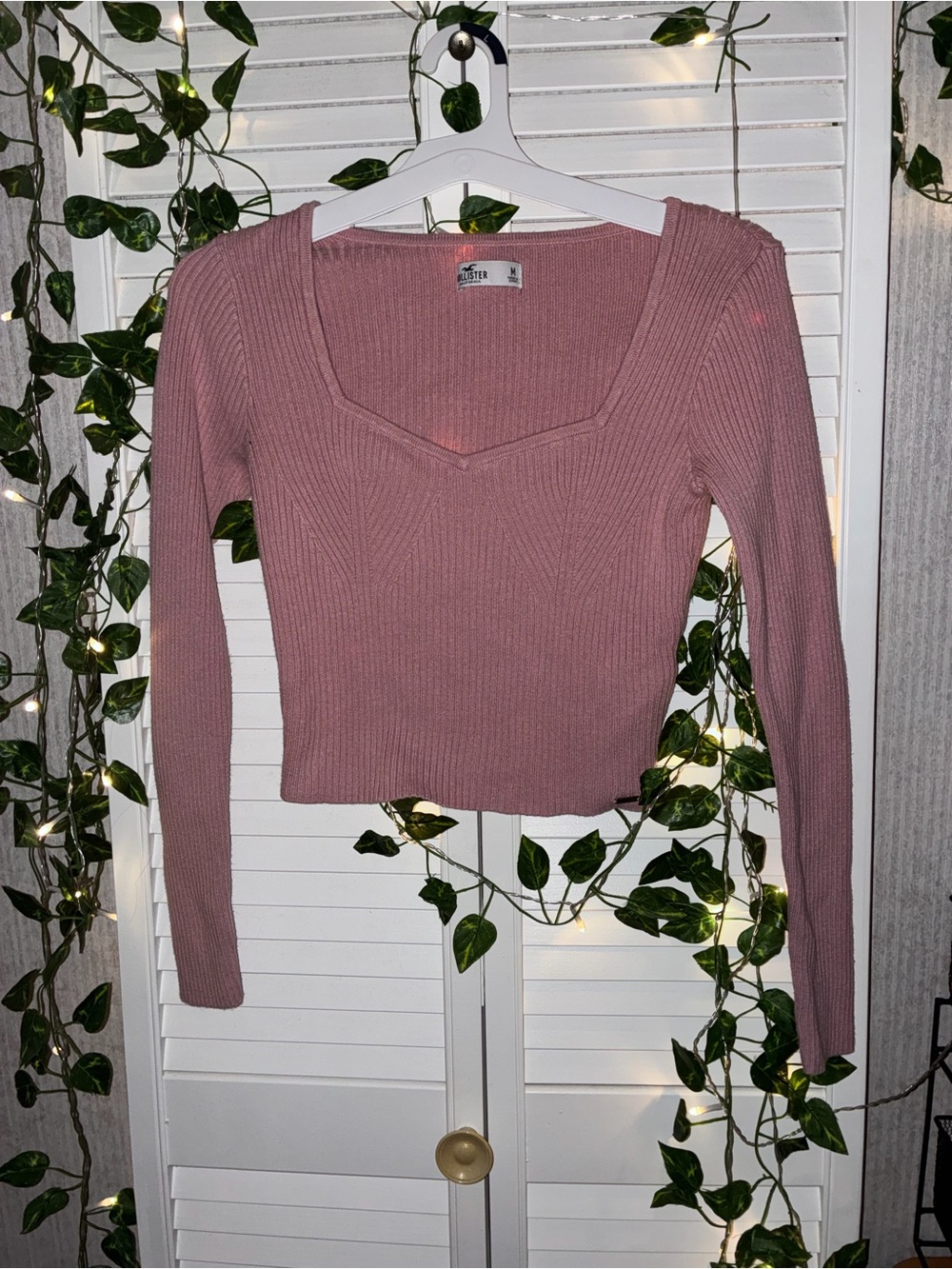 Hollister Mauve Ribbed Long-Sleeve Square Neck Top